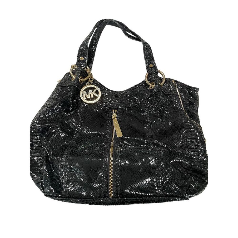 Michael Kors Black python Snakeprint Leather Shoulder Bag‎ w/ MK Charm